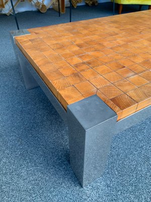 French Coffee Table with Wooden Cube and Metal Chrome, 1970s-FUE-823200