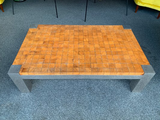 French Coffee Table with Wooden Cube and Metal Chrome, 1970s-FUE-823200