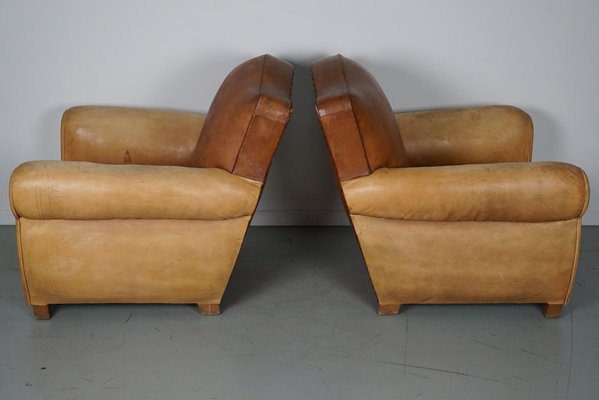 French Cognac Moustache Back Leather Club Chairs, 1940s, Set of 2-XO-1776400