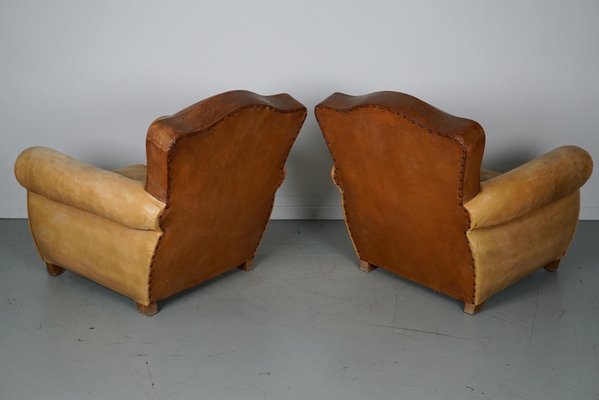 French Cognac Moustache Back Leather Club Chairs, 1940s, Set of 2-XO-1776400