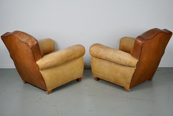 French Cognac Moustache Back Leather Club Chairs, 1940s, Set of 2-XO-1776400