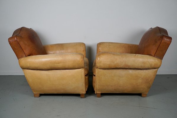 French Cognac Moustache Back Leather Club Chairs, 1940s, Set of 2-XO-1776400