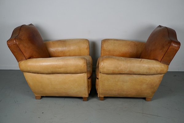 French Cognac Moustache Back Leather Club Chairs, 1940s, Set of 2-XO-1776400