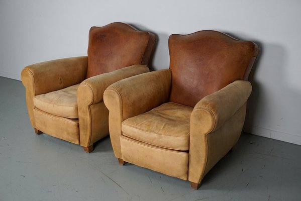 French Cognac Moustache Back Leather Club Chairs, 1940s, Set of 2-XO-1776400