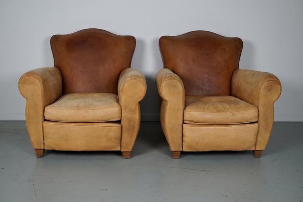 French Cognac Moustache Back Leather Club Chairs, 1940s, Set of 2-XO-1776400