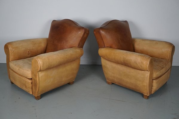 French Cognac Moustache Back Leather Club Chairs, 1940s, Set of 2-XO-1776400