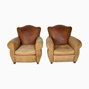 French Cognac Moustache Back Leather Club Chairs, 1940s, Set of 2-XO-1776400