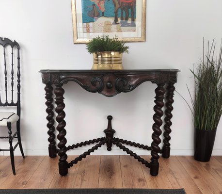 French Console Table in Carved Oak with Beveled Top & Barley Twist Legs-EUP-1188344