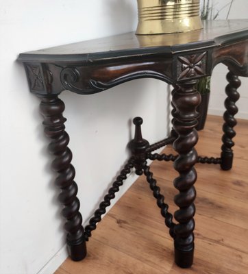 French Console Table in Carved Oak with Beveled Top & Barley Twist Legs-EUP-1188344