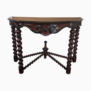 French Console Table in Carved Oak with Beveled Top & Barley Twist Legs-EUP-1188344