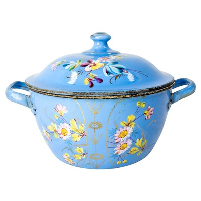 French Country Blue Soup Tureen With Floral Decoration in Enameled Iron, 1900s-RIU-1323200