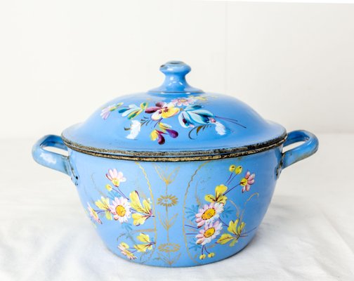 French Country Blue Soup Tureen With Floral Decoration in Enameled Iron, 1900s-RIU-1323200