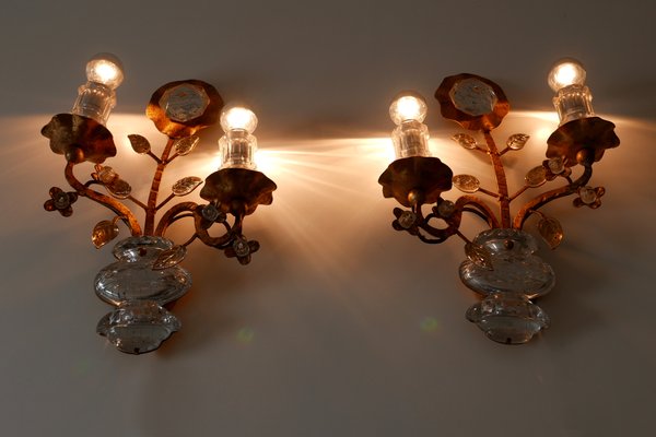 French Crystal and Gilt Metal Sconces from Maison Baguès, 1960s, Set of 2-WPT-581316