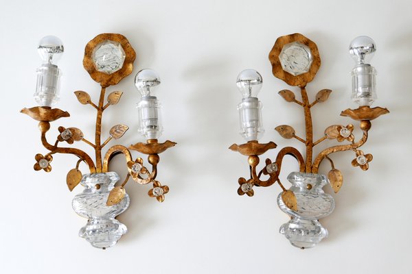 French Crystal and Gilt Metal Sconces from Maison Baguès, 1960s, Set of 2-WPT-581316