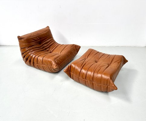 French Dark Cognac Togo Lounge Chair with Ottoman by Michel Ducaroy for Ligne Roset, 1970s, Set of 2-XLZ-1925893