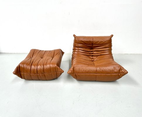 French Dark Cognac Togo Lounge Chair with Ottoman by Michel Ducaroy for Ligne Roset, 1970s, Set of 2-XLZ-1925893