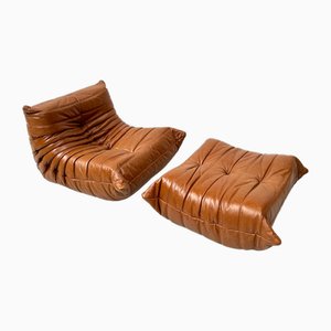 French Dark Cognac Togo Lounge Chair with Ottoman by Michel Ducaroy for Ligne Roset, 1970s, Set of 2-XLZ-1925893