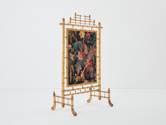 French Decorative Firescreen in Faux Bamboo and Giltwood, 1960s-YJA-1731622