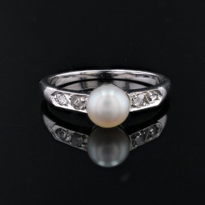 French Diamond Cultured Pearl 18 Karat White Gold Ring, 1950s-OLU-1704236