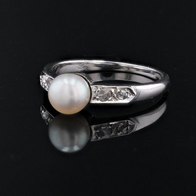 French Diamond Cultured Pearl 18 Karat White Gold Ring, 1950s-OLU-1704236