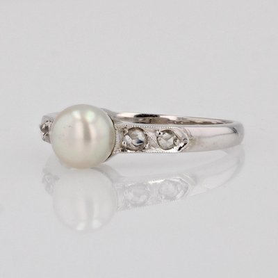 French Diamond Cultured Pearl 18 Karat White Gold Ring, 1950s-OLU-1704236