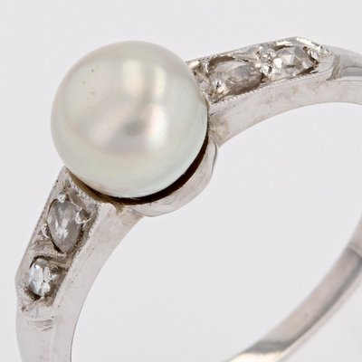 French Diamond Cultured Pearl 18 Karat White Gold Ring, 1950s-OLU-1704236