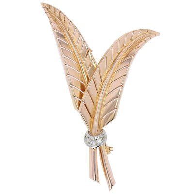 French Diamonds and 18 Karat Yellow Gold Fern Leaves Brooch, 1950s-OLU-896756