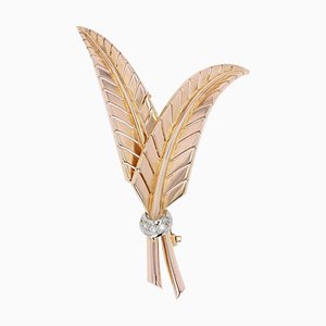 French Diamonds and 18 Karat Yellow Gold Fern Leaves Brooch, 1950s-OLU-896756