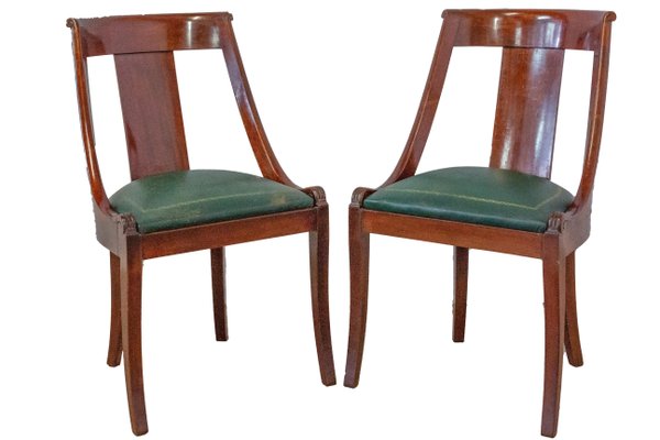 French Empire Green Leather Chairs, Set of 2-RIU-692288