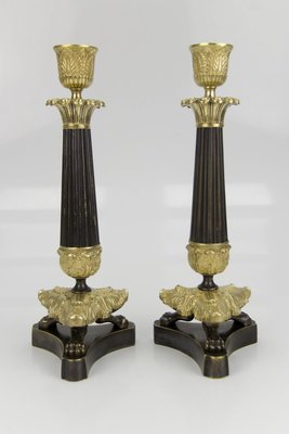 French Empire Style Bronze and Brass Candlesticks on Tripod Base, Set of 2-KEG-784735