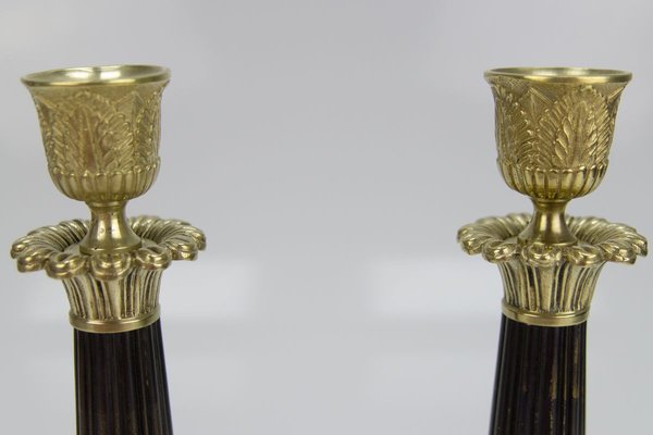 French Empire Style Bronze and Brass Candlesticks on Tripod Base, Set of 2-KEG-784735