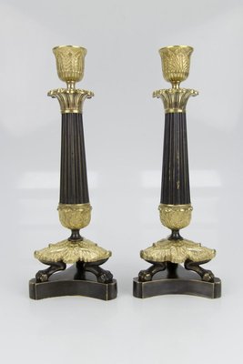 French Empire Style Bronze and Brass Candlesticks on Tripod Base, Set of 2-KEG-784735