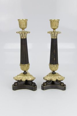 French Empire Style Bronze and Brass Candlesticks on Tripod Base, Set of 2-KEG-784735