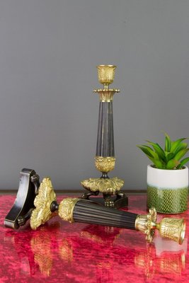 French Empire Style Bronze and Brass Candlesticks on Tripod Base, Set of 2-KEG-784735