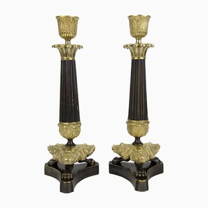 French Empire Style Bronze and Brass Candlesticks on Tripod Base, Set of 2-KEG-784735