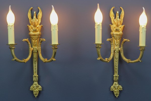 French Empire Style Gilt Bronze 2-Light Sconces, Early 20th Century, Set of 2-KEG-1192990