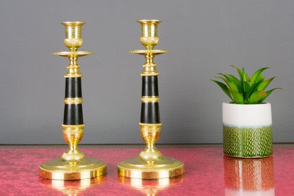 French Empire Style Gilt Bronze and Patinated Brass Candlesticks, Set of 2-KEG-796224