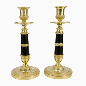 French Empire Style Gilt Bronze and Patinated Brass Candlesticks, Set of 2-KEG-796224