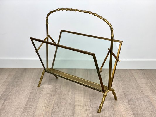 French Faux Bamboo Magazine Rack Stand in Brass Glass from Maison Baguès, 1950s-LYQ-1171657