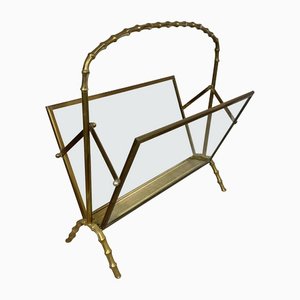 French Faux Bamboo Magazine Rack Stand in Brass Glass from Maison Baguès, 1950s-LYQ-1171657