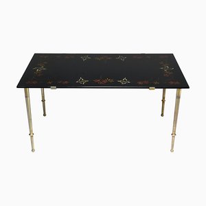 French Floral Hand-Painted Glass Coffee Table, 1970s-GXL-1016714