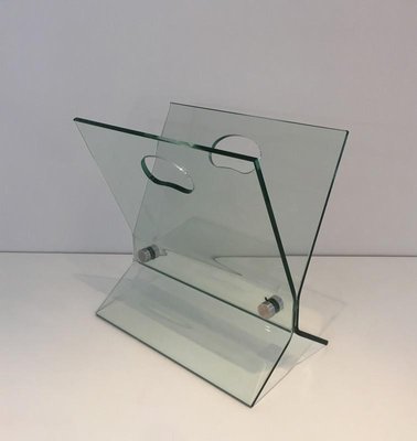 French Glass & Brushed Steel Magazine Rack in the Style of François Arnal, 1970s-BA-697579