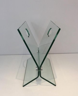 French Glass & Brushed Steel Magazine Rack in the Style of François Arnal, 1970s-BA-697579