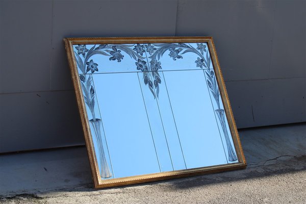 French Gold Lacquered Mirror with Plants and Flowers Engraved-EH-1150943