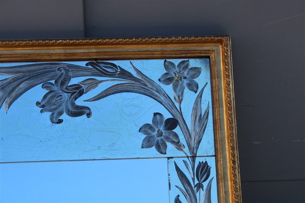 French Gold Lacquered Mirror with Plants and Flowers Engraved-EH-1150943