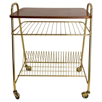 French Iroko Golden Chrome Table Trolley on Wheels, 1960s-RIU-1364697