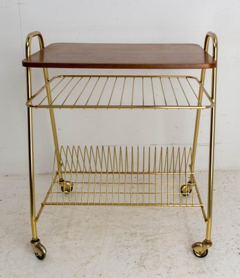 French Iroko Golden Chrome Table Trolley on Wheels, 1960s-RIU-1364697