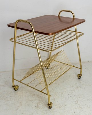 French Iroko Golden Chrome Table Trolley on Wheels, 1960s-RIU-1364697