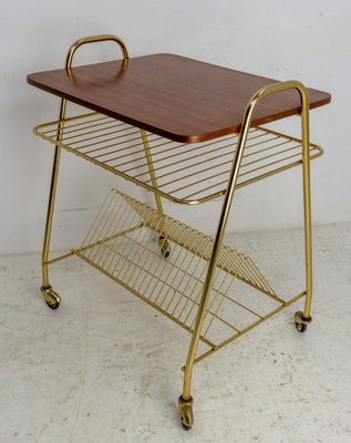 French Iroko Golden Chrome Table Trolley on Wheels, 1960s-RIU-1364697