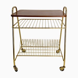 French Iroko Golden Chrome Table Trolley on Wheels, 1960s-RIU-1364697